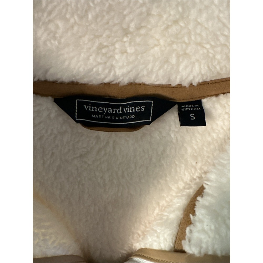 Vineyard Vines Full Zip Cream Plush Vest Brown Trim Wool Ribbed Pockets Sz Small - Picture 8 of 13